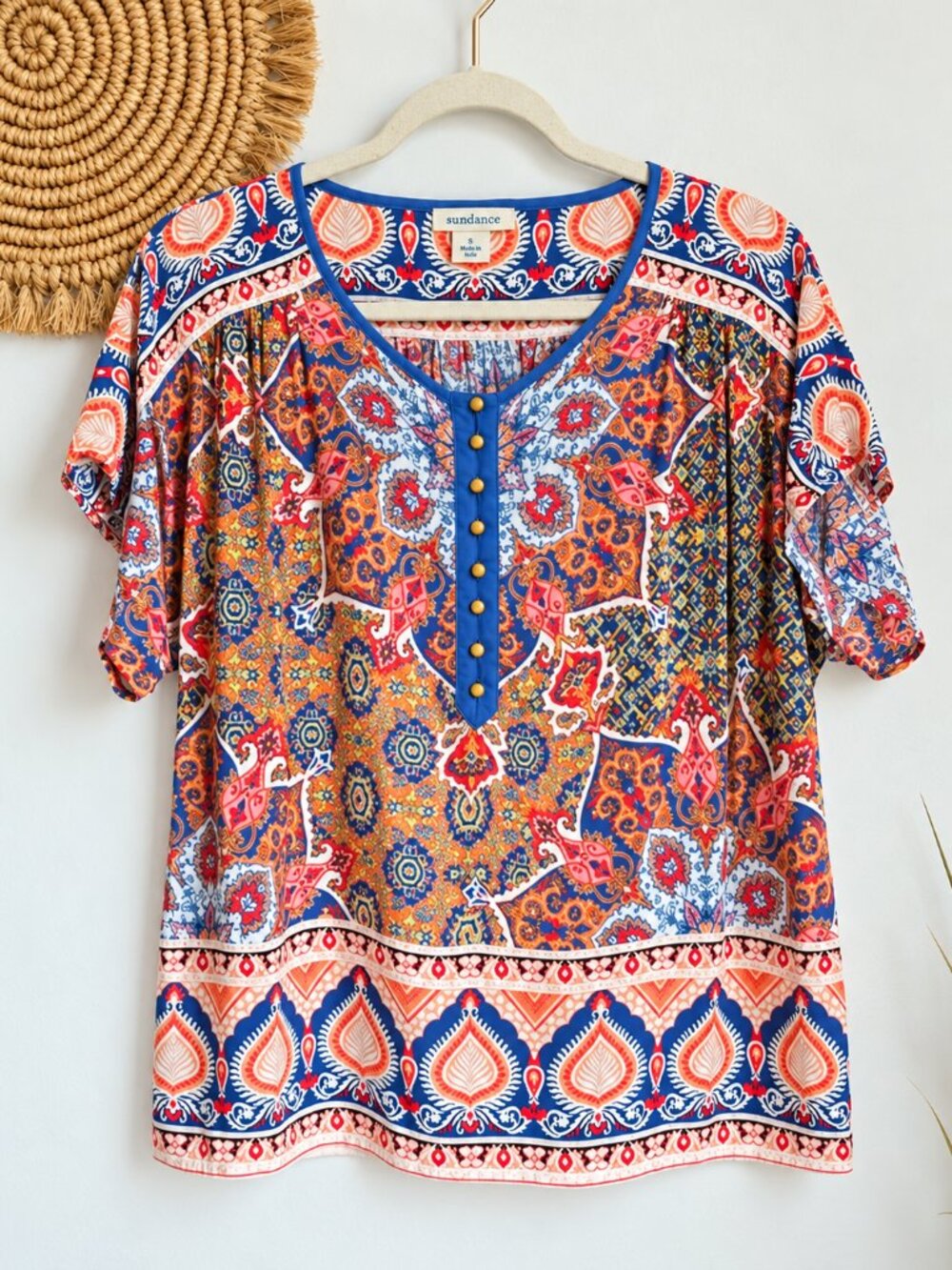 Sundance Colorful Mixed Patchwork Paisley Print Relaxed Fit Peasant Top SZ Small